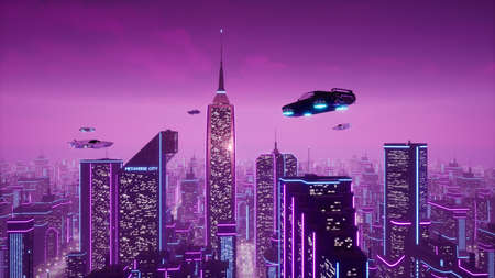 Futuristic transport vehicle with metaverse city. 3d renderの写真素材