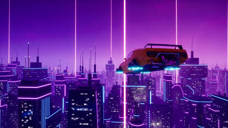 Futuristic transport vehicle with metaverse city. 3d renderの写真素材
