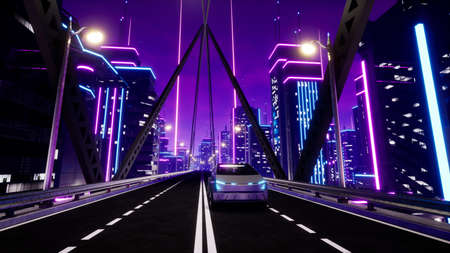 Futuristic transport car on highway in metaverse city. 3d renderの写真素材