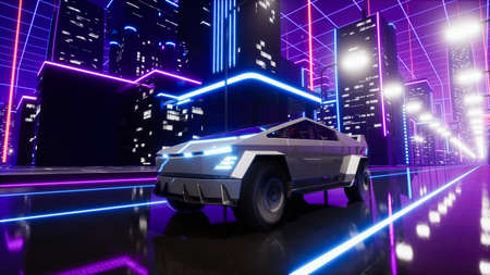 Futuristic transport car on the road in metaverse city. 3d renderの写真素材