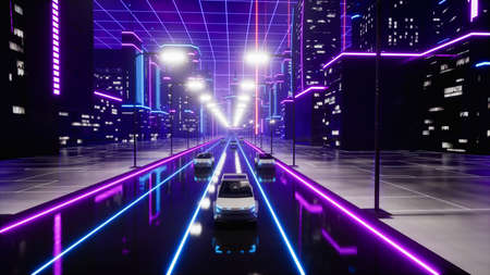 Futuristic transport car on the road in metaverse city. 3d render