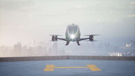 Autonomous driverless aerial vehicle fly across city, 3d renderの写真素材
