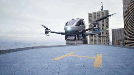 Autonomous driverless aerial vehicle fly across city, 3d renderの写真素材