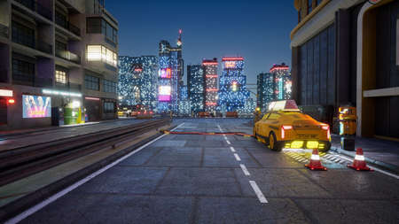 Cyberpunk city street, 3d renderの写真素材