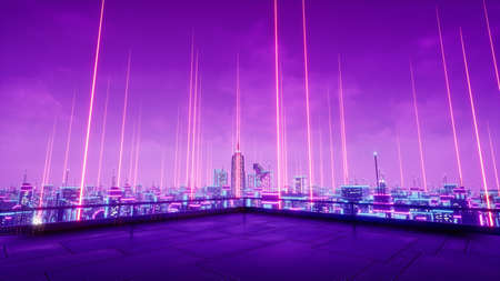 Rooftop view in metaverse city, 3d renderの写真素材