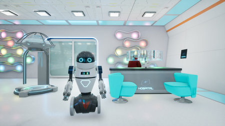 Receptionist robot in hospital, metaverse concept. 3d renderの写真素材