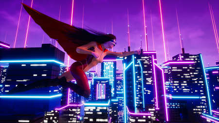 Super woman avatar travelling on metaverse city, 3d render