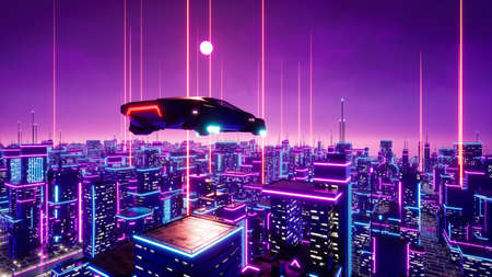 Futuristic transport vehicle with metaverse city. 3d renderの写真素材
