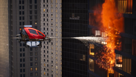 Autonomous driverless aerial vehicle spraying foam for extinguish the fire, Smart 5G technology firefighting drone concept, 3d renderの写真素材