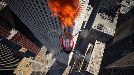 Autonomous driverless aerial vehicle spraying foam for extinguish the fire, Smart 5G technology firefighting drone concept, 3d renderの写真素材