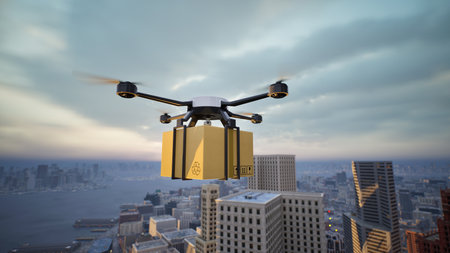 Autonomous cargo drone flying on big city, 3d renderの写真素材