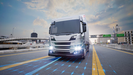 Autonomous delivery truck on street in city, 3d renderの写真素材