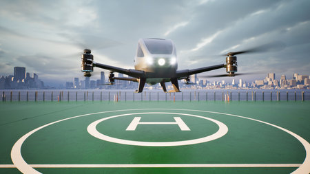 Autonomous driverless aerial vehicle fly across city, 3d renderの写真素材