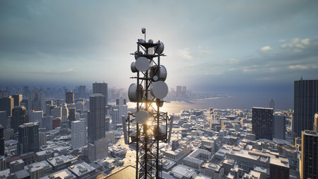 Telecommunication tower with 5G cellular network antenna on city background, 3d renderの写真素材