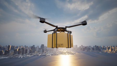 Autonomous cargo drone flying on big city, 3d renderの写真素材