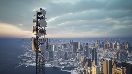 Telecommunication tower with 5G cellular network antenna on city background, 3d renderの写真素材