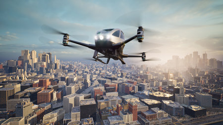 Autonomous driverless aerial vehicle fly across city, 3d renderの写真素材