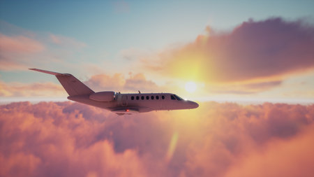 Private jet airplane flying above dramatic clouds, 3d renderの写真素材