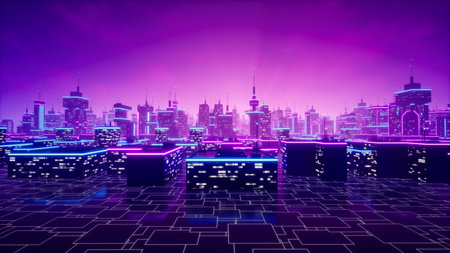 Metaverse city or cyberpunk concept, 3d renderの写真素材