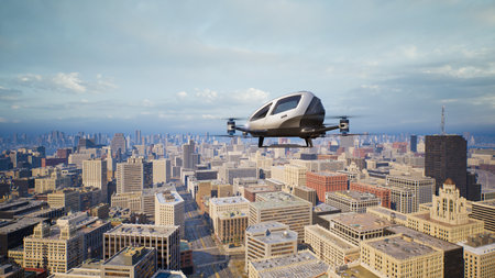 Autonomous driverless aerial vehicle fly across city, 3d render