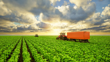 Tractor trailer on soybean field at sunset, 3d render