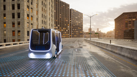 Autonomous electric bus self driving on street, Smart vehicle technology concept, 3d renderの写真素材