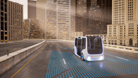Autonomous electric bus self driving on street, Smart vehicle technology concept, 3d renderの写真素材