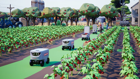 Metaverse avatars of people learning to increase agricultural productivity in smart farm of virtual world, 3d renderの写真素材