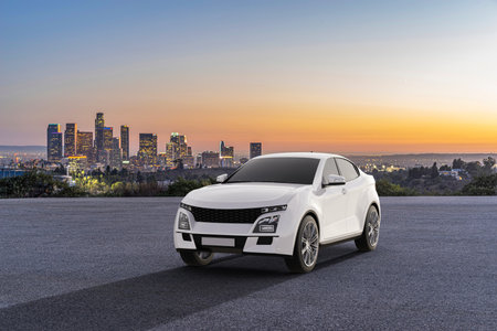 Generic and brandless SUV car parked on asphalt road with city skyline in the background, 3d renderの写真素材