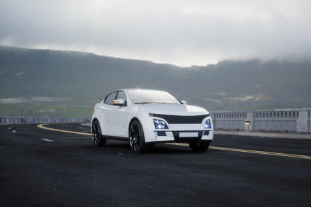 Generic and brandless SUV car on the road with mountain, 3d renderの写真素材