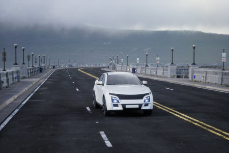 Generic and brandless SUV car on the road with mountain, 3d renderの写真素材