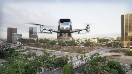 Autonomous driverless aerial vehicle fly across city, 3d renderの写真素材