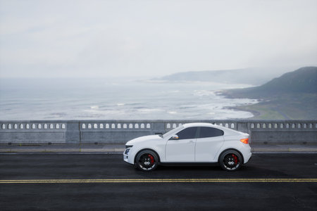 Generic and brandless SUV car on the road with mountain, 3d renderの写真素材