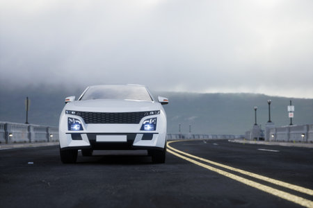 Generic and brandless SUV car on the road with mountain, 3d renderの写真素材