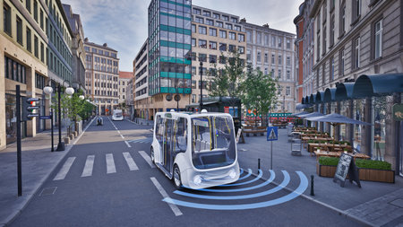 Autonomous electric bus self driving on street, Smart vehicle technology concept, 3d renderの写真素材