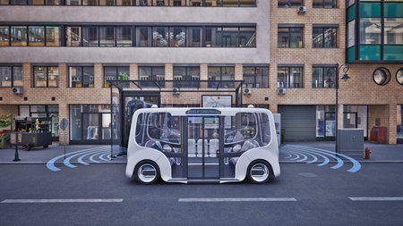 Autonomous electric bus self driving on street, Smart vehicle technology concept, 3d renderの写真素材