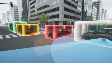 Autonomous car self driving on city street, Smart vehicle technology concept, 3d renderの写真素材