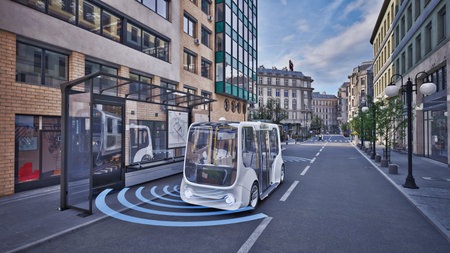Autonomous electric bus self driving on street, Smart vehicle technology concept, 3d renderの写真素材