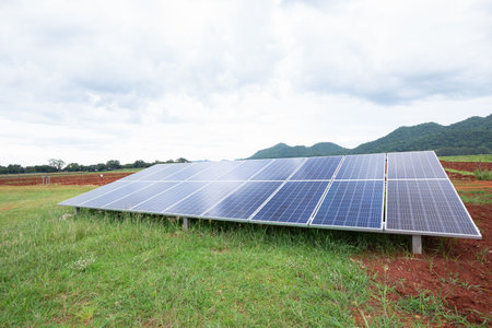 Solar panels on agricultural fieldの写真素材