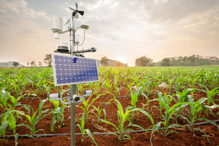 Weather station in corn field, 5G technology with smart farming conceptの写真素材