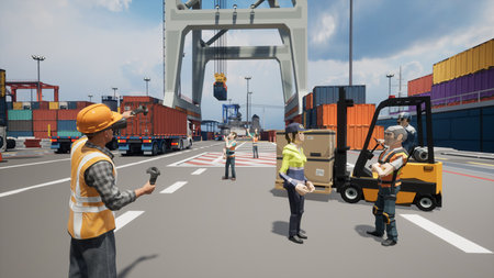 Metaverse avatars of people are training on the logistics platform in virtual world. 3d renderの写真素材