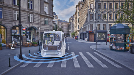 Autonomous electric bus self driving on street, Smart vehicle technology concept, 3d renderの写真素材