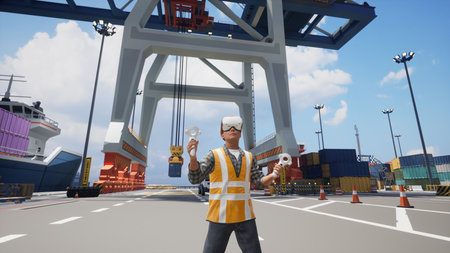 Metaverse avatars of people are training on the logistics platform in virtual world. 3d renderの写真素材