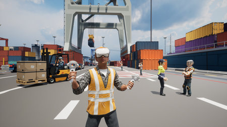 Metaverse avatars of people are training on the logistics platform in virtual world. 3d renderの写真素材