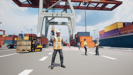 Metaverse avatars of people are training on the logistics platform in virtual world. 3d renderの写真素材