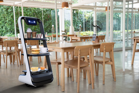 Autonomous waiter robot working in restaurant, Artificial intelligence 5G technology conceptの写真素材