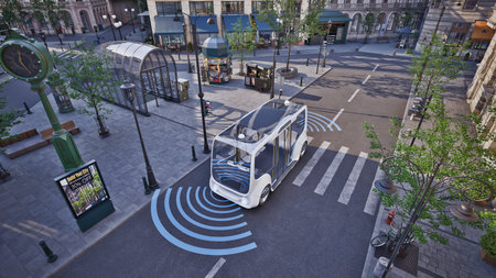 Autonomous electric bus self driving on street, Smart vehicle technology concept, 3d renderの写真素材