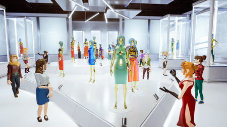 Metaverse avatars of people shopping in digital clothing shop, 3d renderの写真素材