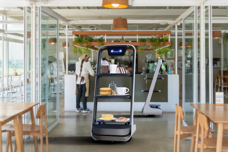 Autonomous waiter robot working in restaurant, Artificial intelligence 5G technology conceptの写真素材