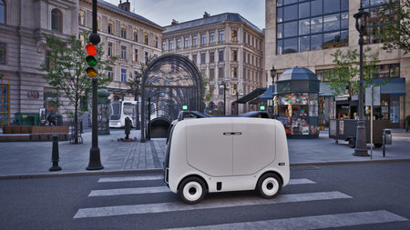 Autonomous delivery robot driverless on street, Smart vehicle technology concept, 3d renderの写真素材